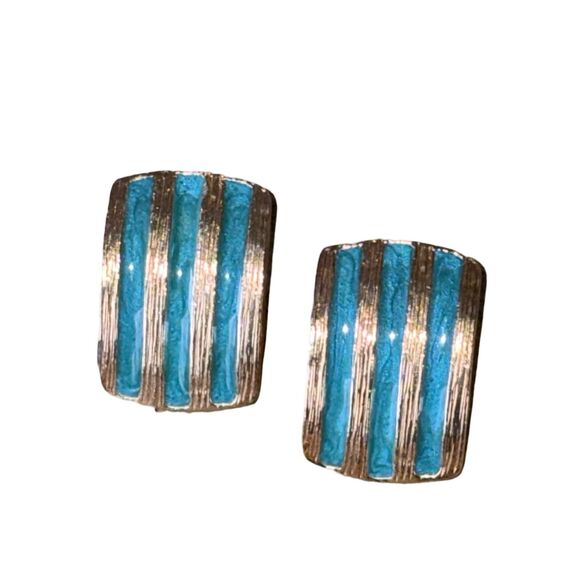 Rare Quality Turquoise Blue & Gold Enamel Post back Stud Earrings Made In USA - Picture 1 of 8